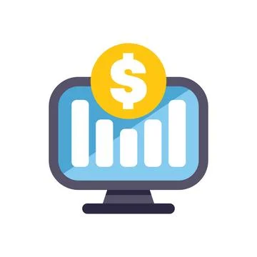 Computer showing growing statistics with dollar coin on top Stock Illustration