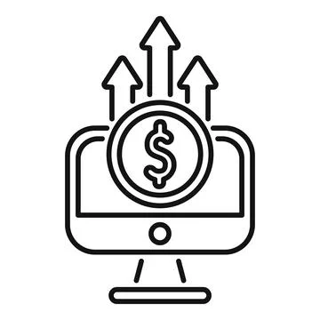 Computer showing increasing profit with dollar coin and upward arrows Stock Illustration
