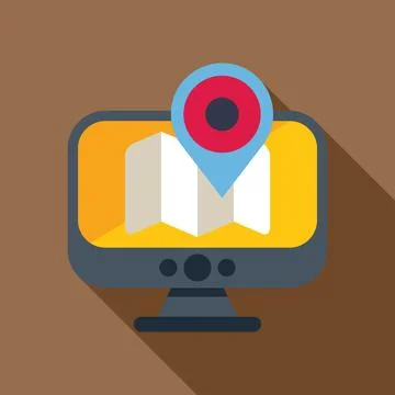Computer showing location pin on map navigation app Stock Illustration