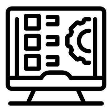 Computer showing manufacturing process icon vector outline Stock Illustration