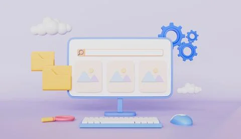 Computer showing media content management for online marketing website Illustrazione stock
