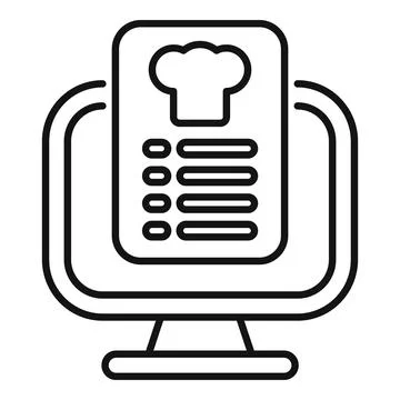 Computer showing online menu with chef hat icon lineart icon Stock Illustration