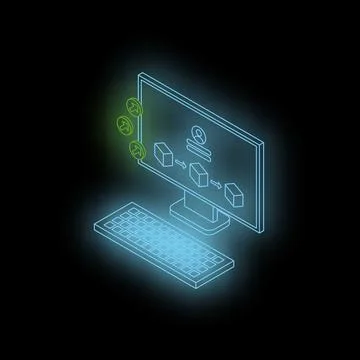 Computer showing product delivery process and user profile with upload icons Stock Illustration