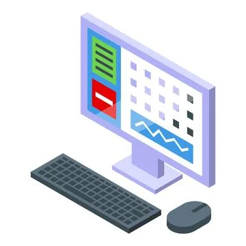 Computer showing statistics chart with keyboard and mouse isometric view Stock Illustration