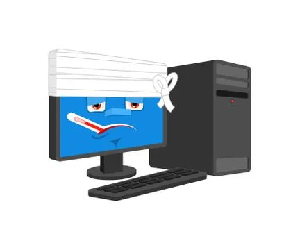 Computer Sick With thermometer isolated. ill PC Cartoon Style. data processor Stock Illustration