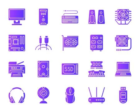 Computer simple purple gradient icons vector set Stock Illustration