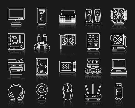 Computer simple white line icons vector set Stock Illustration