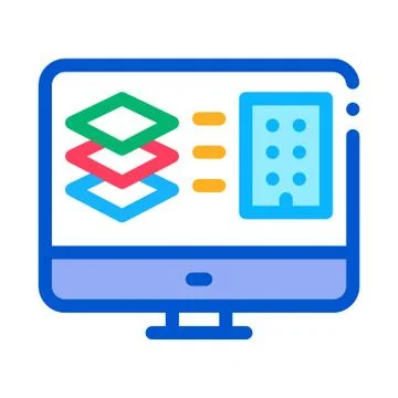 Computer simulation of building icon vector outline illustration Stock Illustration