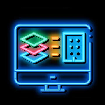 Computer simulation of building neon glow icon illustration Stock Illustration