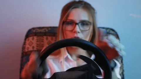 Computer simulation. Cheerful young gamer is expressing excitement while enjo Stock-Footage 113546827