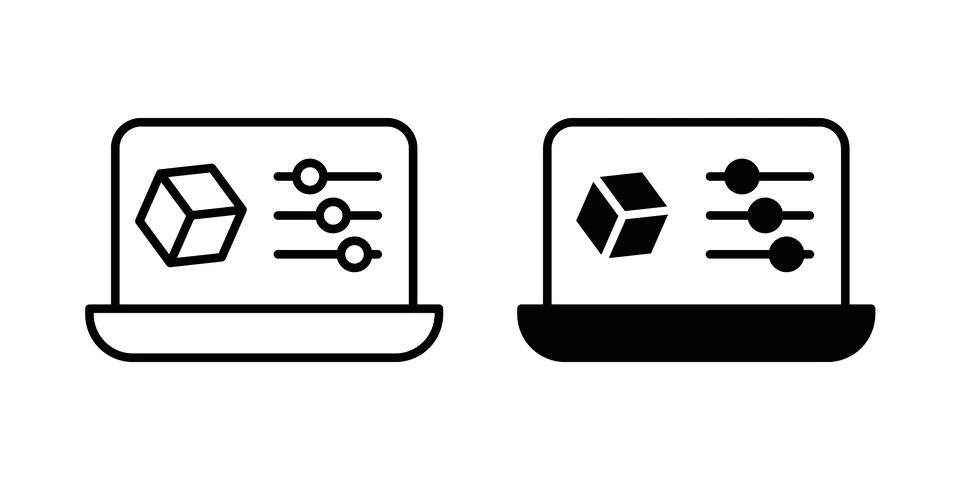 Computer simulation icon linear versions pack on white background Stock Illustration