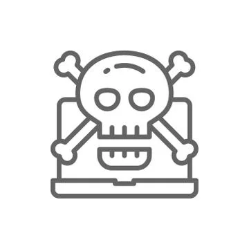 Computer with skull and crossbones symbol, virus, phishing scam line icon. Stock Illustration