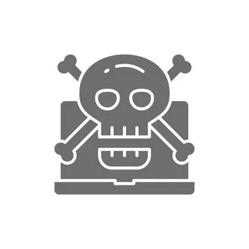 Computer with skull and crossbones symbol, virus, phishing scam grey icon. Stock Illustration