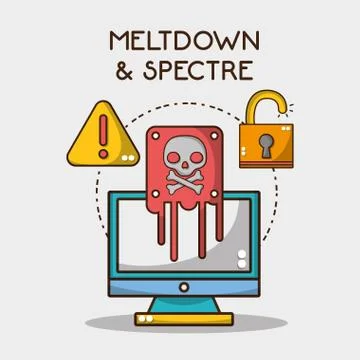 Computer with skull virus and warning padlock 스톡 일러스트