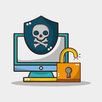 Computer skull warning and paslock security Stock Illustration