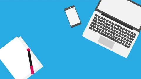 Computer with smart phone in trendy flat style isolated on blue background fo Stock Photos