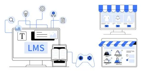Computer, smartphone, book, and game controller connected to LMS system. Two  스톡 일러스트
