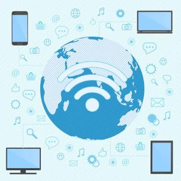 The computer, smartphone, laptop and tablet connected in wifi network with the Stock Illustration