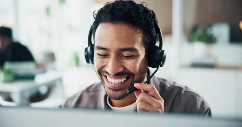 Computer, smile and man in call center for technical support, laugh and customer Stock Footage 329381569