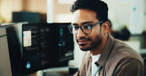 Computer, smile and programmer with business man in office for web develope.. Stock-Fotos