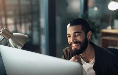 Computer, smile and thinking with designer man in office for website coding or Stock Photos