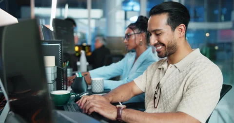 Computer, smile and typing with programmer man at desk in office for coworking Stock Footage 309049321