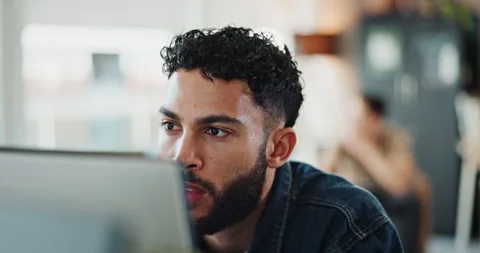 Computer, smile and web development with man software engineer in office for Stockbeeldmateriaal 290119538