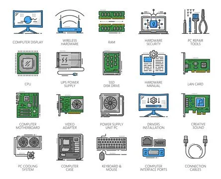 Computer software and hardware, color line icons Stock Illustration