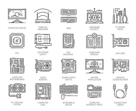 Computer software and hardware line icons Stock Illustration