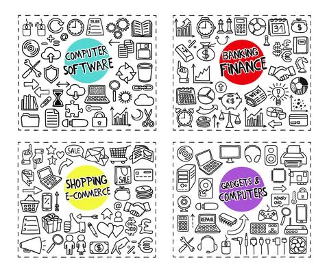 Computer Software, Banking, Computers and Shopping doodle icons set Stock-Illustration