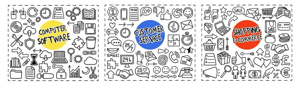 Computer Software, Customer Service and Shopping doodle icons set Stock Illustration