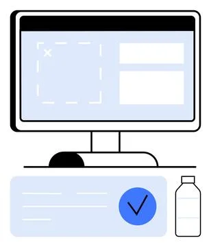 Computer with software interface, task completion notification, and water b.. Stock Illustration