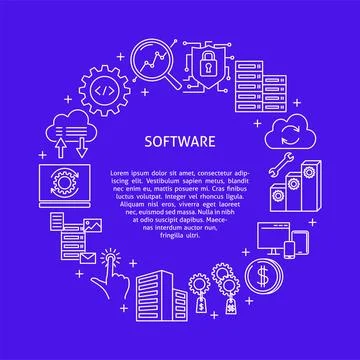 Computer software round poster in line style Illustrazione stock