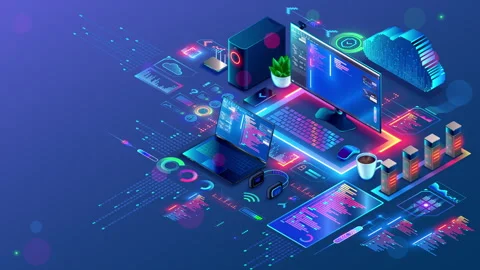 Computer software technology. PC, laptop, phone. Development software. Computer  Stock Footage 247051357