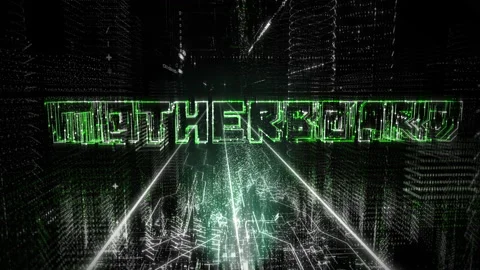 Computer software technology is projecting a hologram of the word Motherboard Video stock 218257463