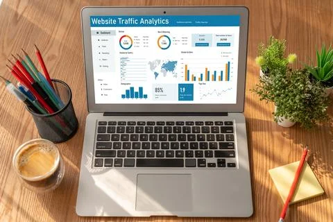 Computer software for website traffic analytics data on computer screen snugly Foto stock