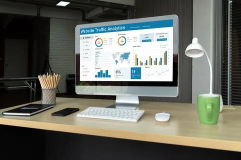 Computer software for website traffic analytics data on computer screen snugly Stock Photos