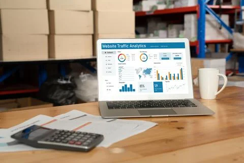 Computer software for website traffic analytics data on computer screen snugly Stock Photos