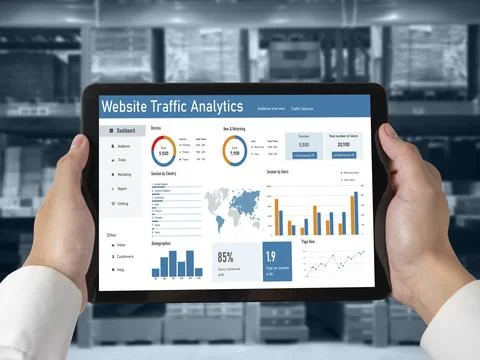 Computer software for website traffic analytics data on computer screen snugly Stock Photos