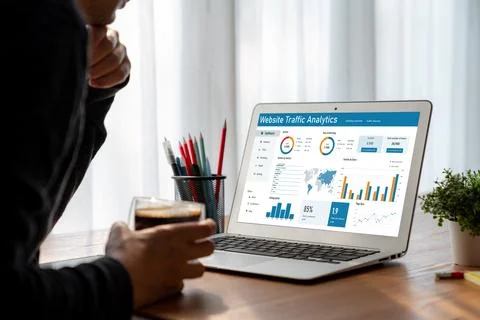 Computer software for website traffic analytics data on computer screen snugly Stock Photos