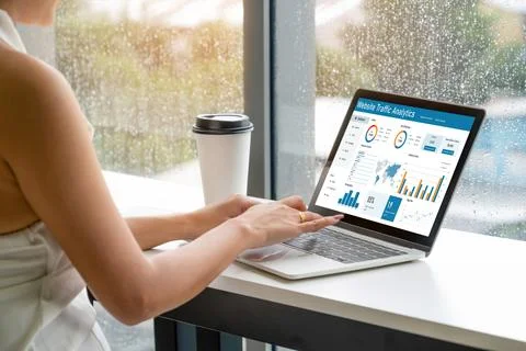 Computer software for website traffic analytics data on computer screen snugly Stock Photos