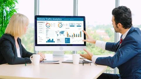 Computer software for website traffic analytics data on computer screen snugly Stock Photos