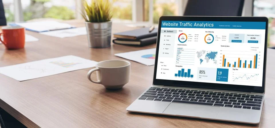 Computer software for website traffic analytics data on computer screen snugly 스톡 사진