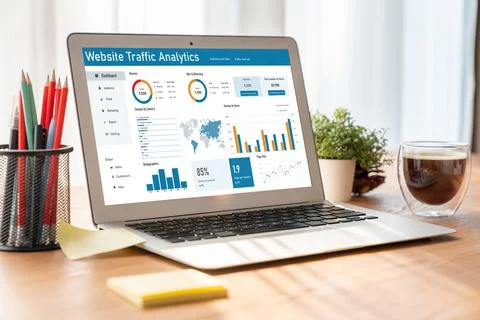 Computer software for website traffic analytics data on computer screen snugly Stock Photos