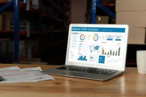 Computer software for website traffic analytics data on computer screen snugly Stock Photos