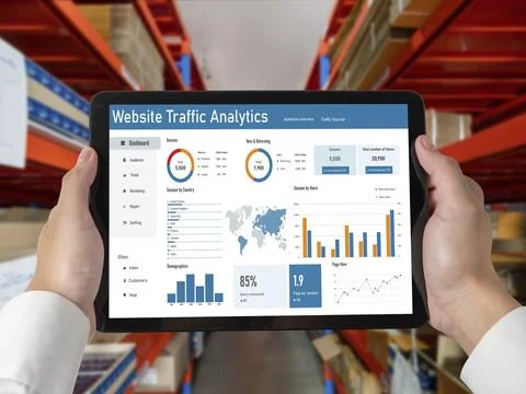 Computer software for website traffic analytics data on computer screen snugly Stock Photos