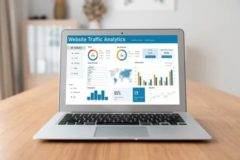 Computer software for website traffic analytics data on computer screen snugly Stock Photos