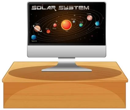 Computer with solar system on screen Illustrazione stock