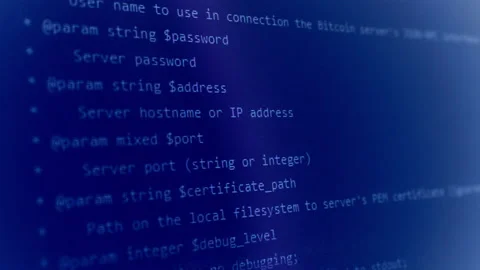 Computer source code of blockchain running over dark monitor. Video stock 135223845