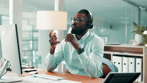 Computer, speaking and black man with headset in office, sales call center and Stock Footage 330098593